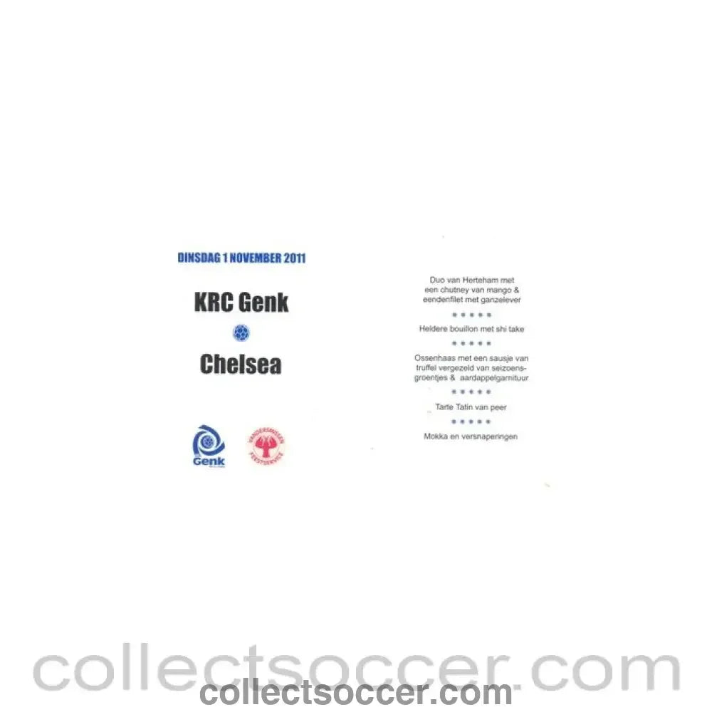 2011 - KRC Genk v Chelsea 01/11/2011 VIP Menu Champions League