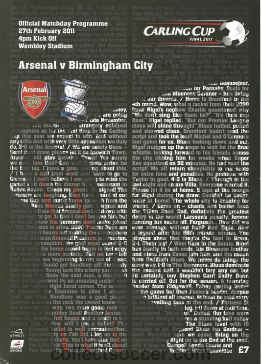 2011 League Cup Final Programme Arsenal v Birmingham City - Collect Soccer