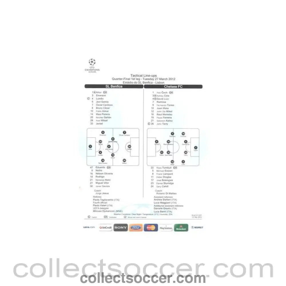 2012 - Benfica v Chelsea Tactical Line - Ups 27/03/2012 Champions League - Collect Soccer