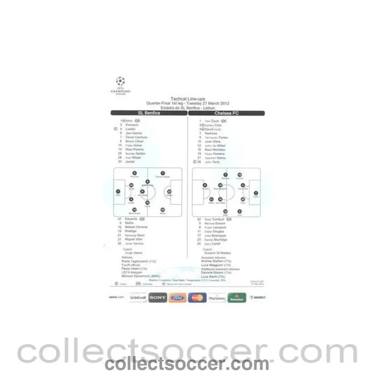 2012 - Benfica v Chelsea Tactical Line-Ups 27/03/2012 Champions League