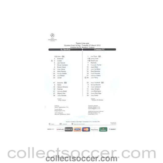 2012 - Benfica v Chelsea Team Line-Ups Teamsheet 27/03/2012 Champions League