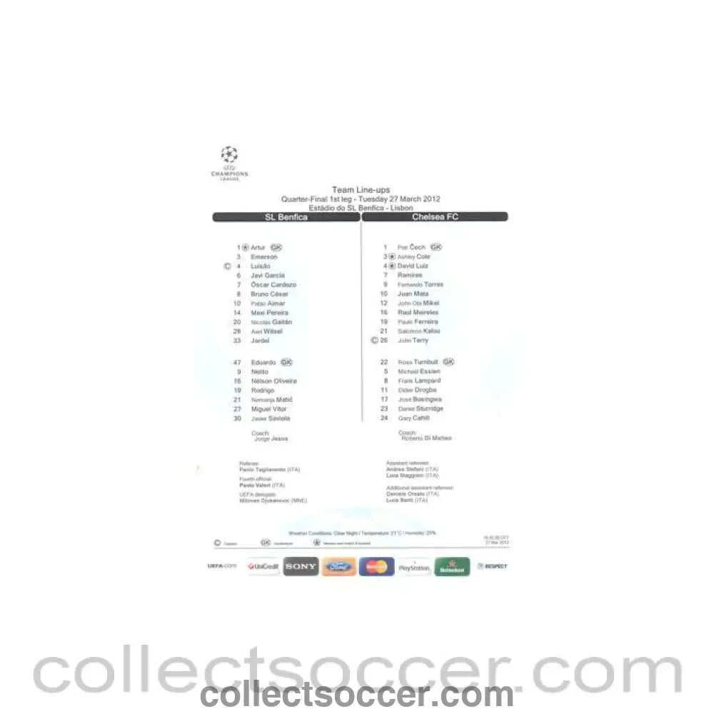 2012 - Benfica v Chelsea Team Line - Ups Teamsheet 27/03/2012 Champions League - Collect Soccer
