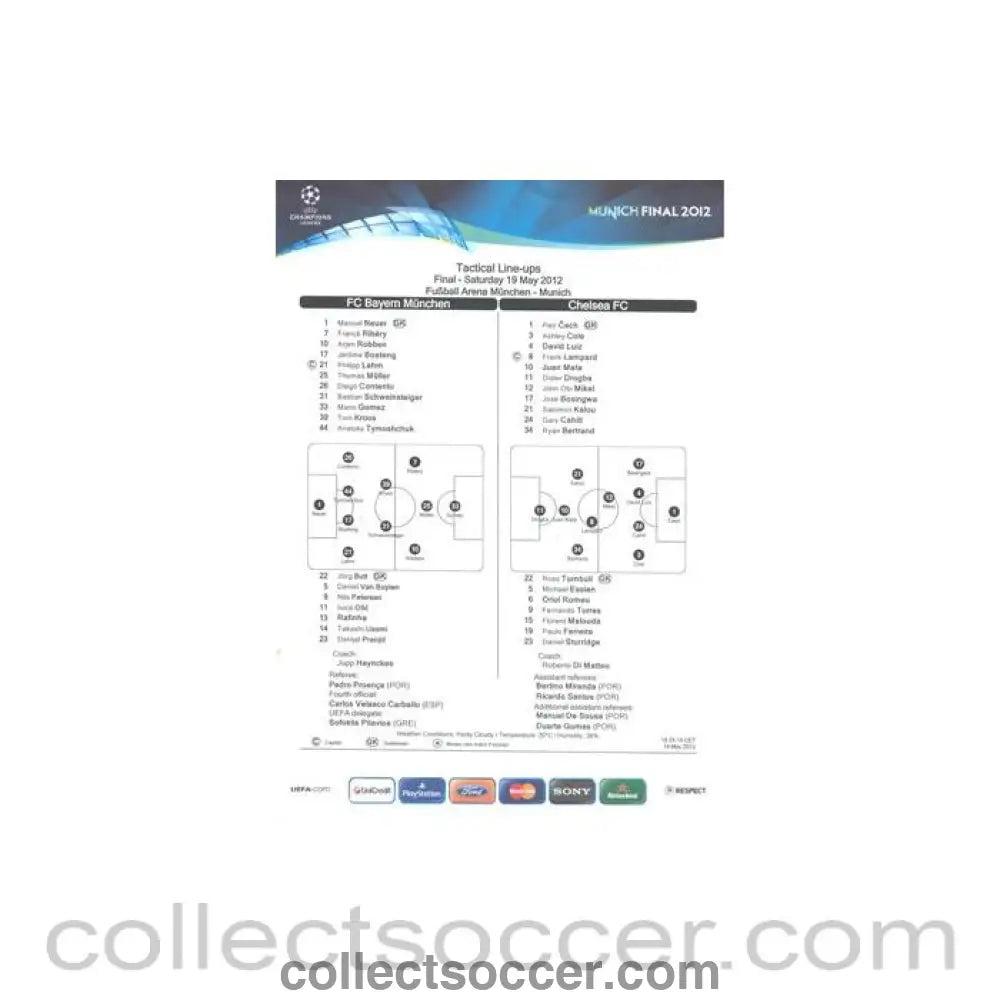 2012 Champions League Final Chelsea v Bayern Munich official colour teamsheet 19/05/2012