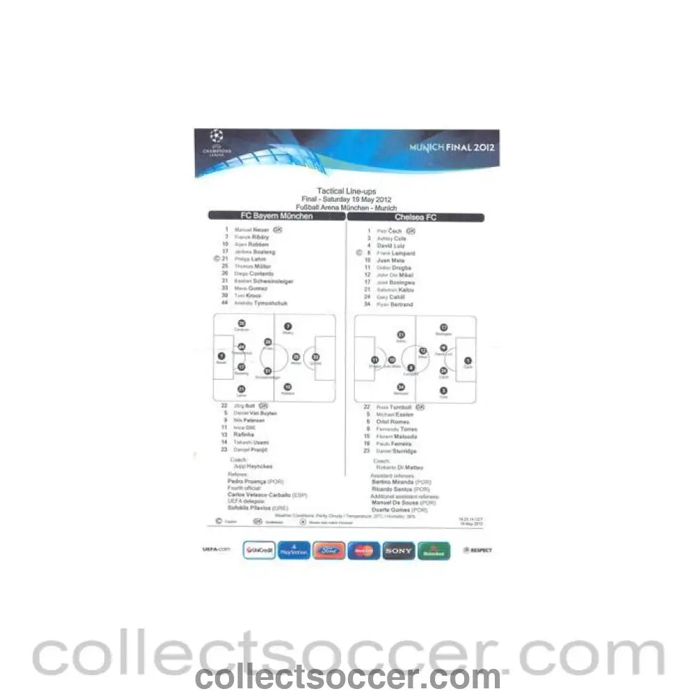 2012 Champions League Final Chelsea v Bayern Munich Official Tactical Line-Ups official photo copy given to some VIPs