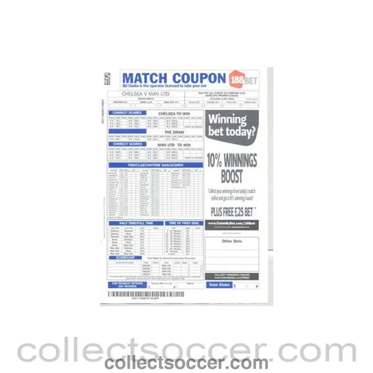 2012 - Chelsea v Manchester United betting slip 05/02/2012 Barclays Premier League