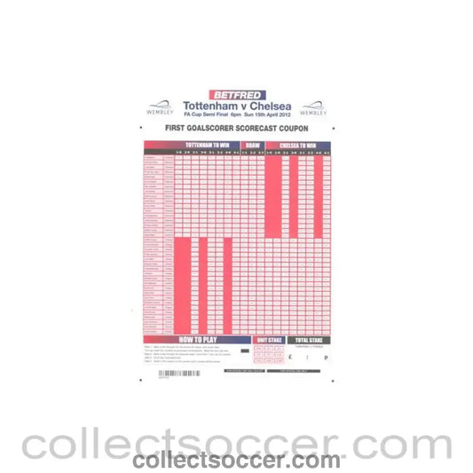 2012 FA Cup Semi-Final Tottenham Hotspur v Chelsea Betfred betting slip 15/04/2012