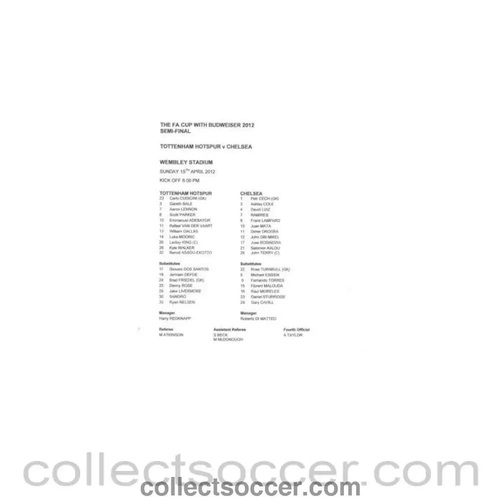 2012 FA Cup Semi - Final Tottenham Hotspur v Chelsea official teamsheet 15/04/2012 - Collect Soccer
