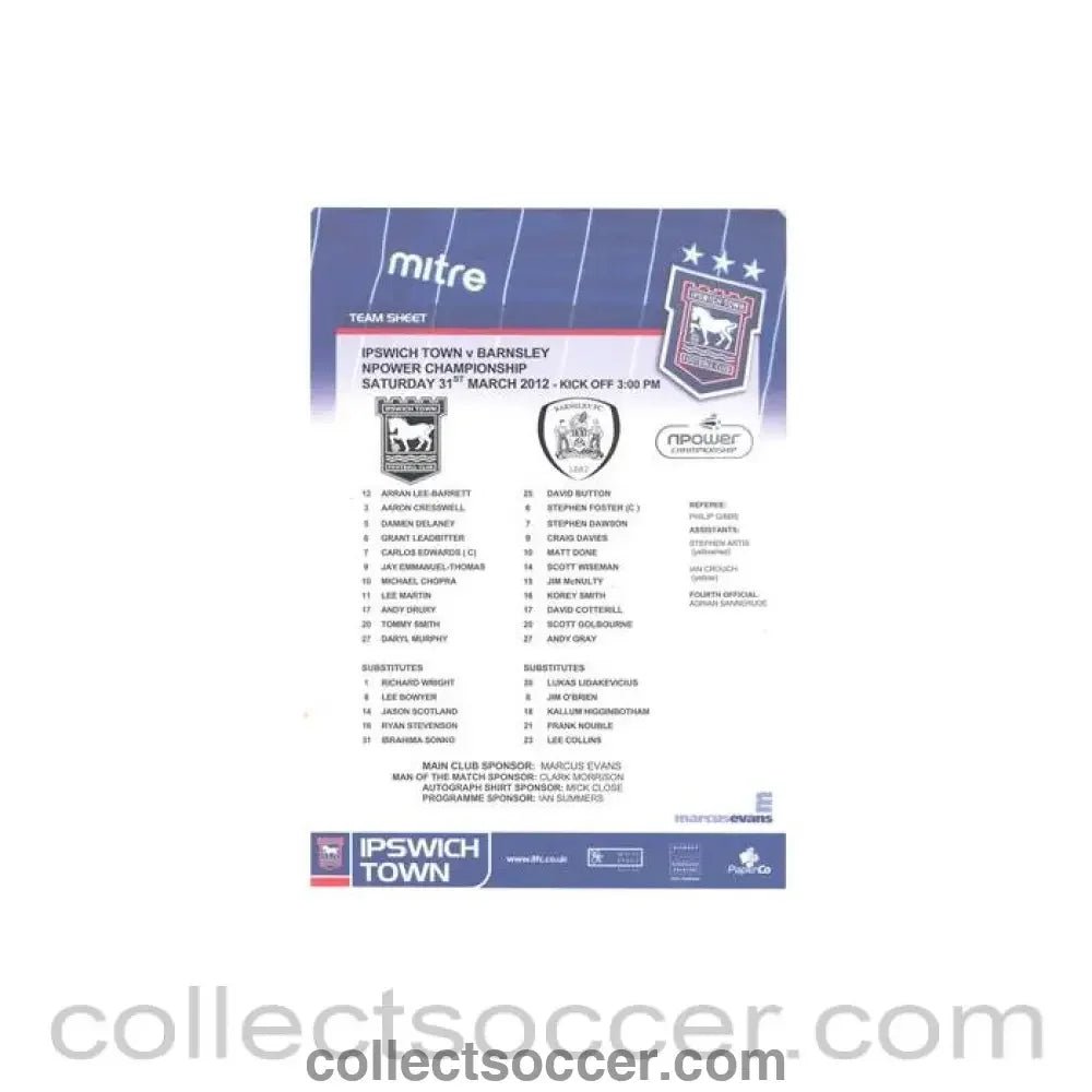 2012 - Ipswich Town v Barnsley official colour teamsheet 31/03/2012 NPower Championship - Collect Soccer