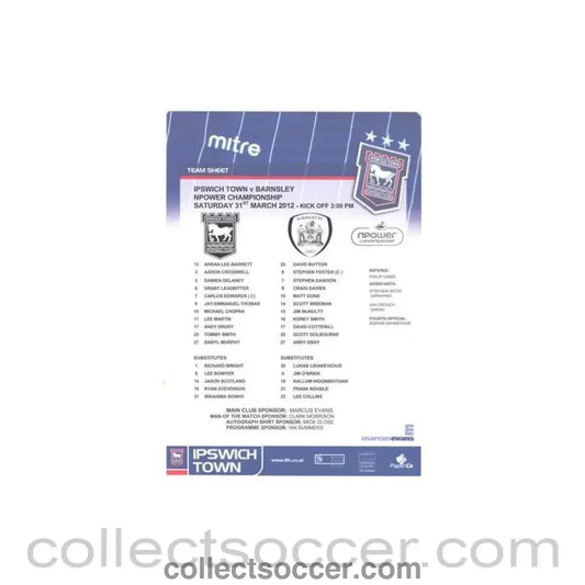 2012 - Ipswich Town v Barnsley official colour teamsheet 31/03/2012 NPower Championship