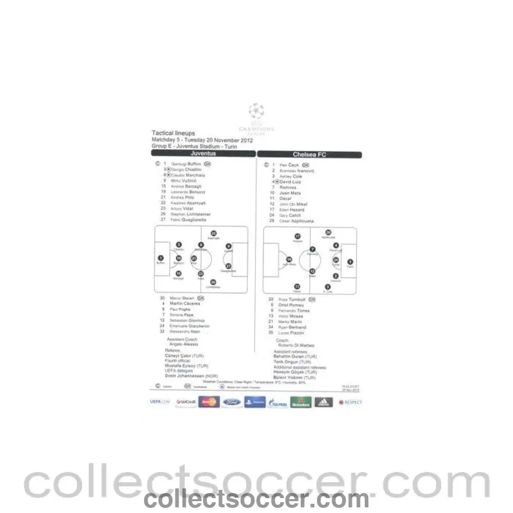 2012 - Juventus v Chelsea tactical line - ups 20/11/2012 Champions League, non - programme game - Collect Soccer