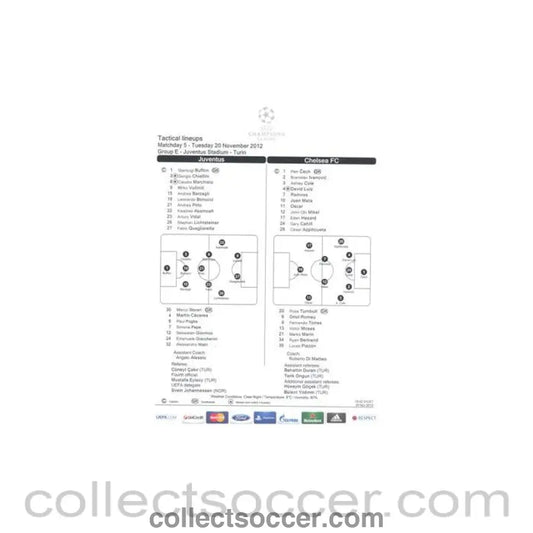 2012 - Juventus v Chelsea tactical line - ups 20/11/2012 Champions League, non - programme game - Collect Soccer