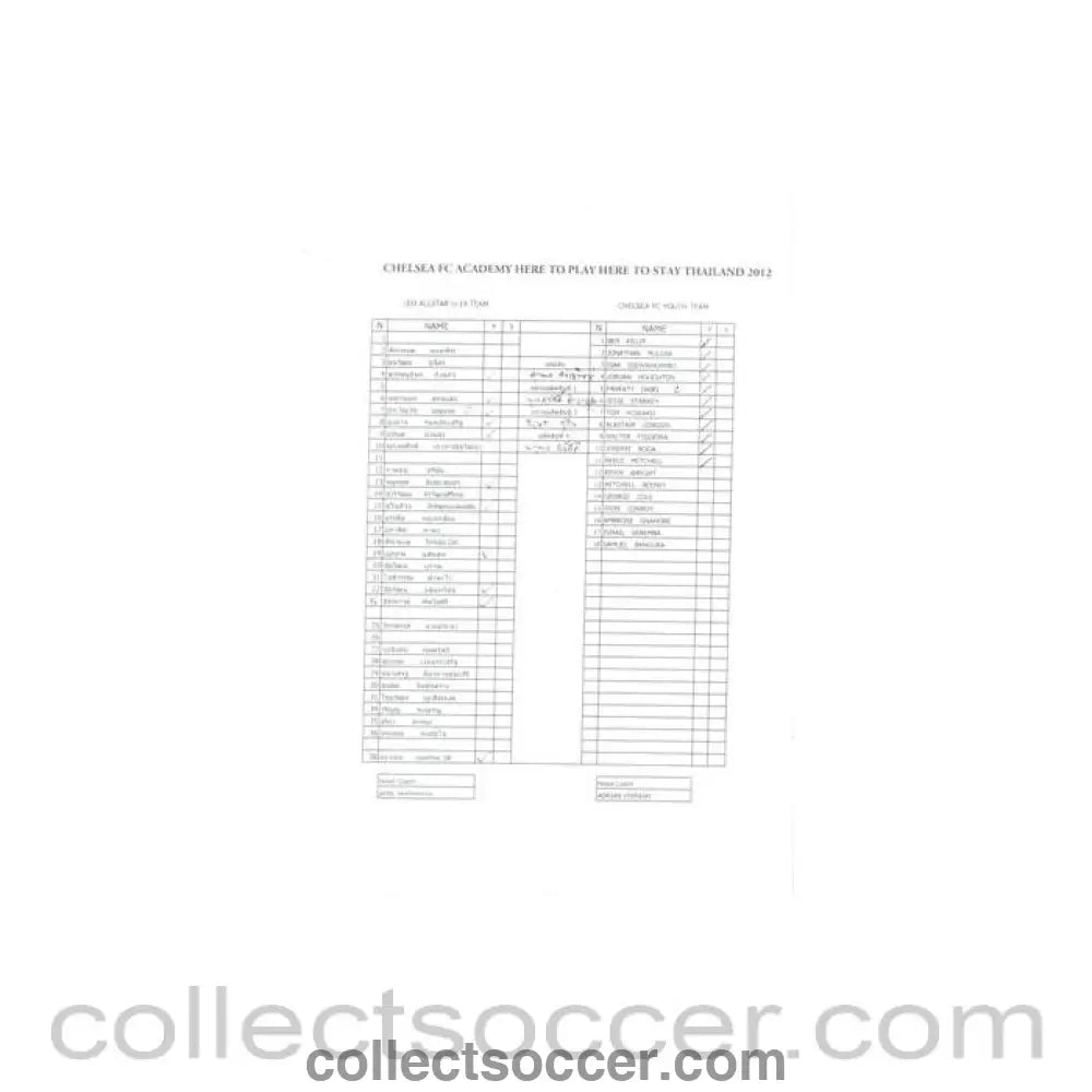 2012 - Leo All Star U19 Thailand vChelsea Youth Team official teamsheet July 2012 - Collect Soccer