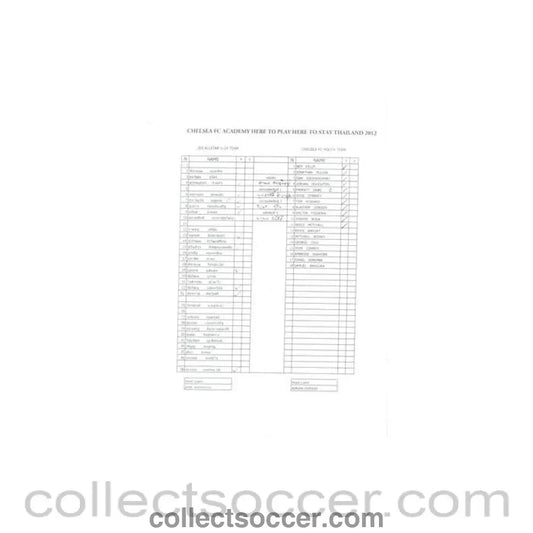 2012 - Leo All Star U19 Thailand vChelsea Youth Team official teamsheet July 2012