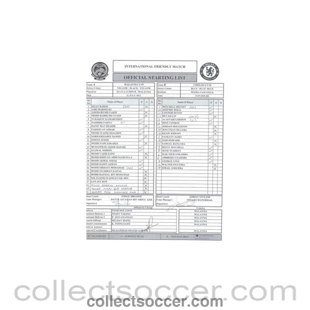 2012 - Malaysia U19 v Chelsea U18 official teamsheet/programme 31/07/2012