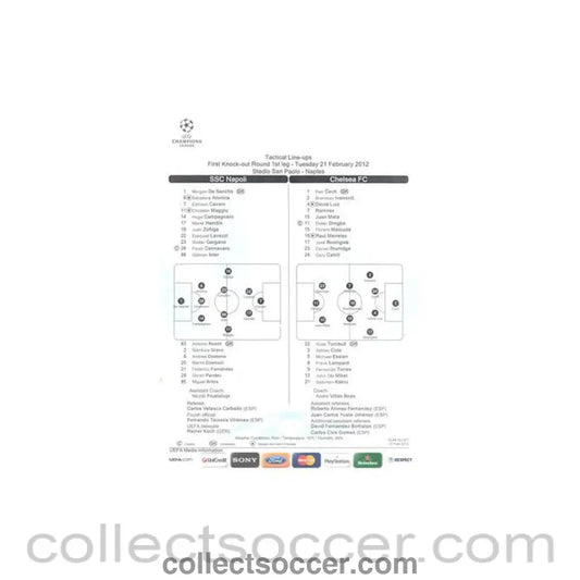 2012 - Napoli v Chelsea Tactical Line-Ups Teamsheet 21/02/2012 Champions League