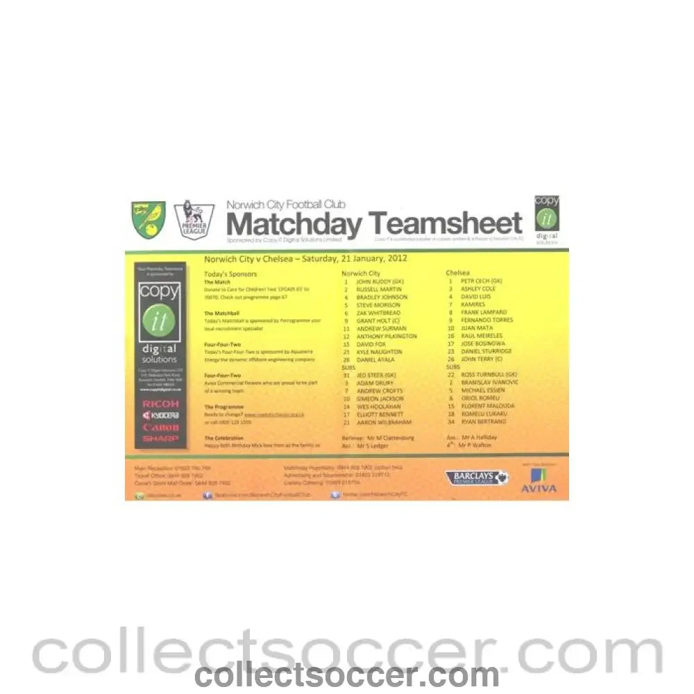 2012 - Norwich City v Chelsea official colour teamsheet 21/01/2012 Premier League