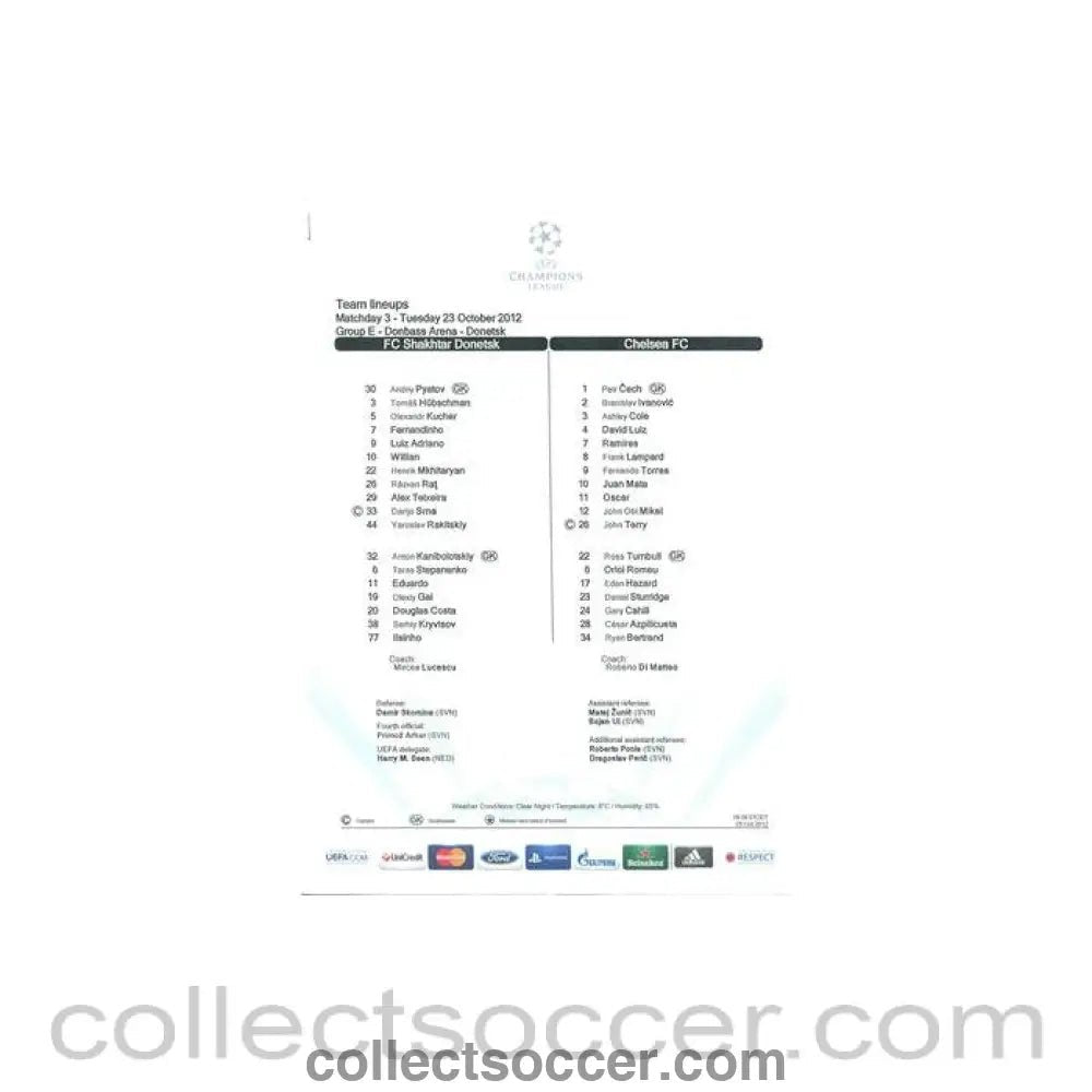 2012 - Shakhtar Donetsk v Chelsea official colour teamsheet 23/10/2012 Champions League - Collect Soccer