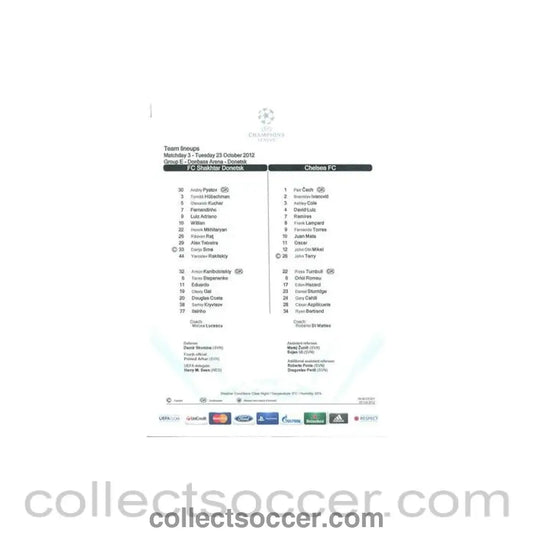 2012 - Shakhtar Donetsk v Chelsea official colour teamsheet 23/10/2012 Champions League - Collect Soccer