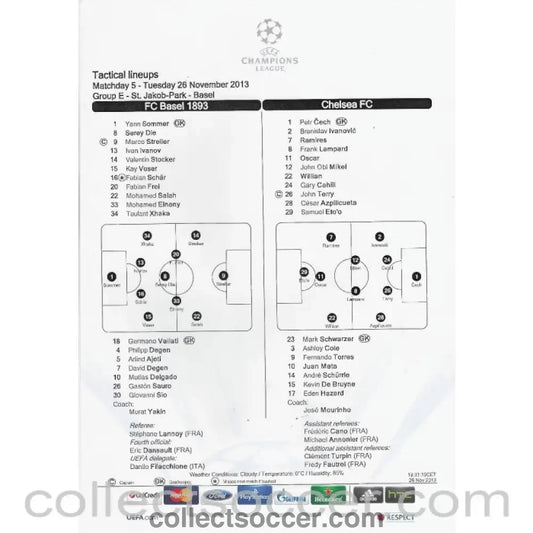 2013 - Basel v Chelsea 26/11/2013 Original Teamsheet - Collect Soccer