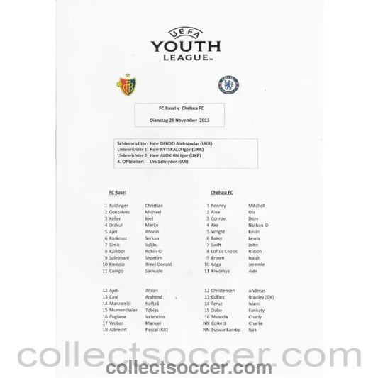 2013 - Basel v Chelsea UEFA Youth League 26/11/2013 Teamsheet/Programme - Collect Soccer