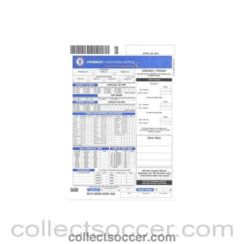 2013 - Chelsea v Steaua Bucharest 14/03/2013 Europa League betting slip - Collect Soccer