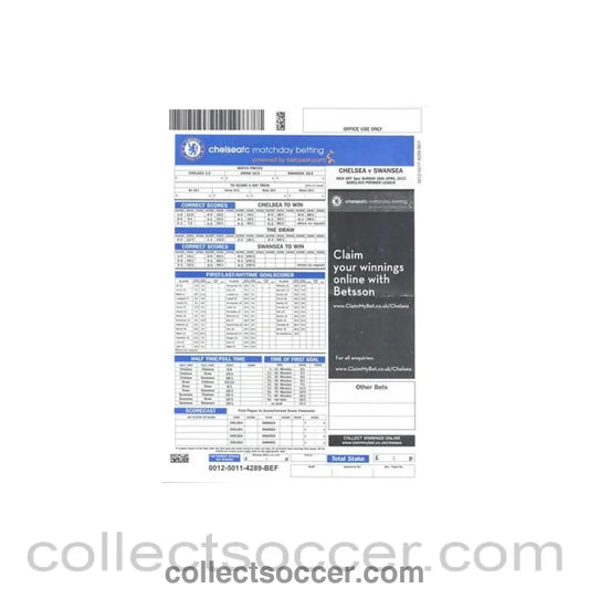 2013 - Chelsea v Swansea 28/04/2013 Premier League betting slip - Collect Soccer