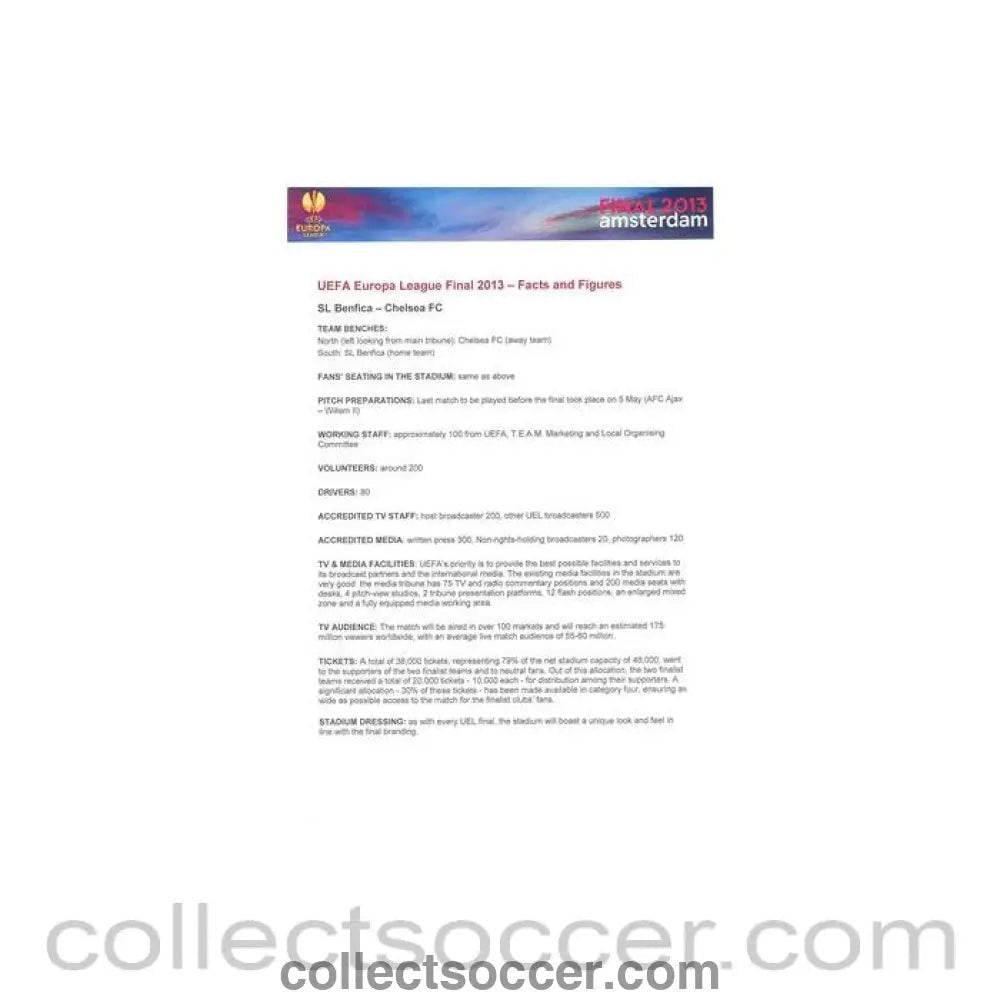 2013 Europa League Final - Chelsea v Benfica Facts and Figures Press Handout in Portugese 15/05/2013 - Collect Soccer