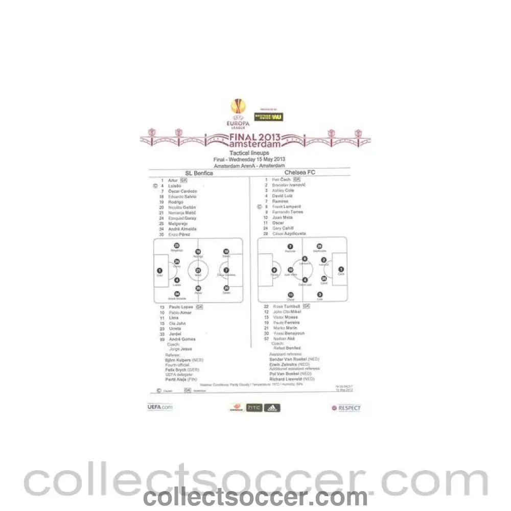 2013 Europa League Final - Chelsea v Benfica official teamsheet 15/05/2013 - Collect Soccer