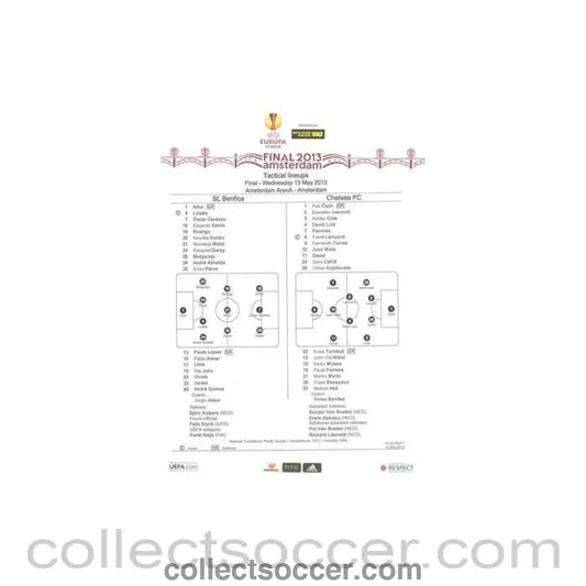 2013 Europa League Final - Chelsea v Benfica official teamsheet 15/05/2013 - Collect Soccer