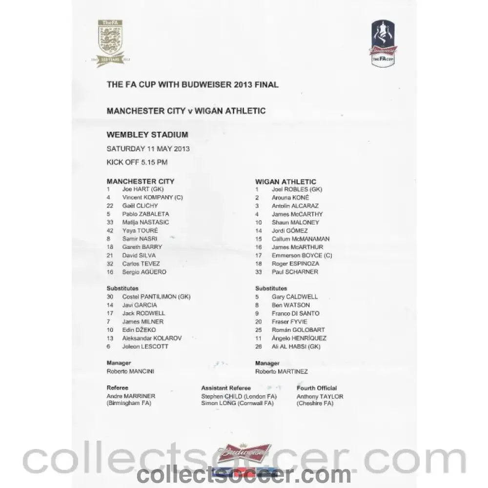 2013 FA Cup Final Official Programme Manchester City v Wigan Athletic + Rare Original Team Sheet - Collect Soccer