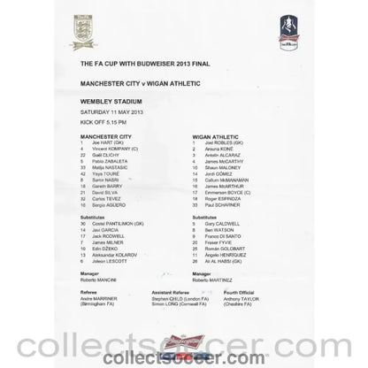 2013 FA Cup Final Official Programme Manchester City v Wigan Athletic + Rare Original Team Sheet - Collect Soccer