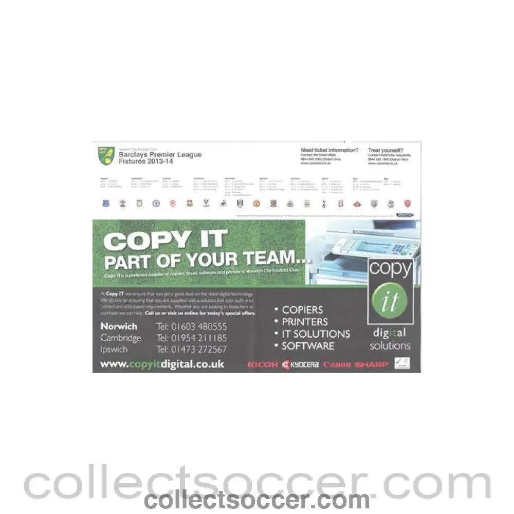 2013 - Norwich City v Chelsea official teamsheet & fixtures 06/10/2013 Premier League - Collect Soccer