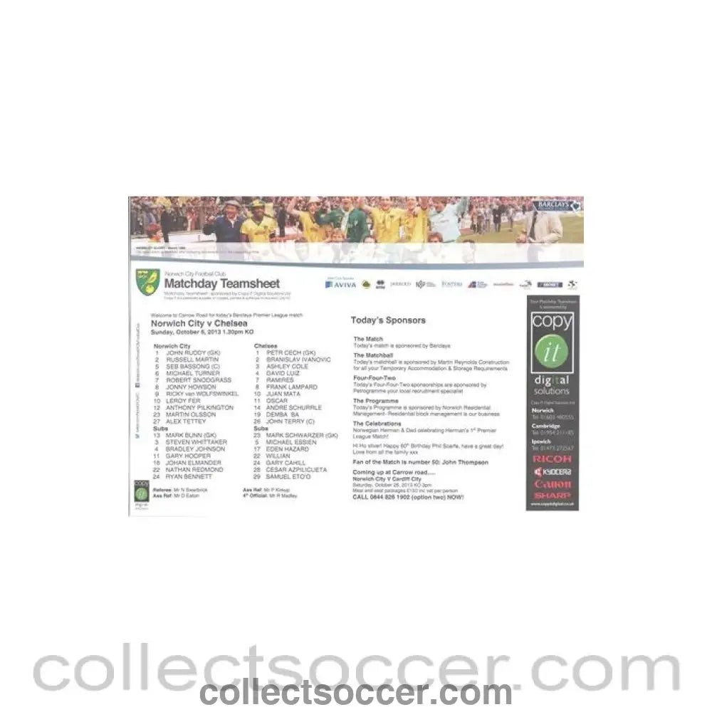 2013 - Norwich City v Chelsea official teamsheet & fixtures 06/10/2013 Premier League - Collect Soccer
