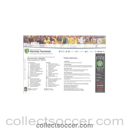 2013 - Norwich City v Chelsea official teamsheet & fixtures 06/10/2013 Premier League - Collect Soccer
