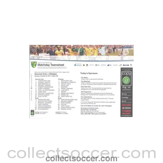 2013 - Norwich City v Chelsea official teamsheet & fixtures 06/10/2013 Premier League - Collect Soccer