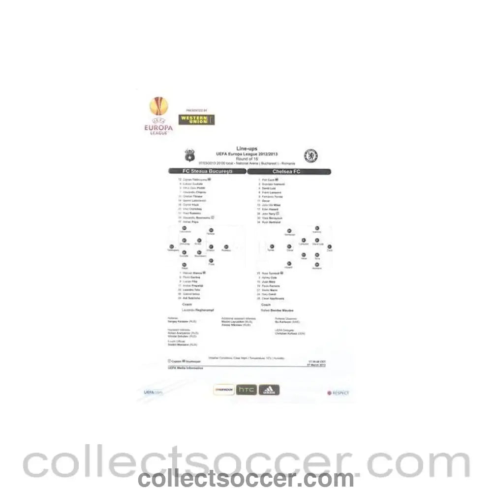 2013 - Steaua Bucharest v Chelsea 07/03/2013 UEFA Europa League line - ups - Collect Soccer