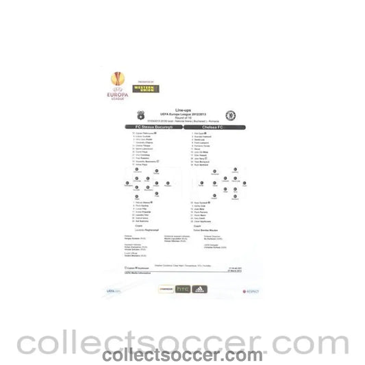2013 - Steaua Bucharest v Chelsea 07/03/2013 UEFA Europa League line - ups - Collect Soccer