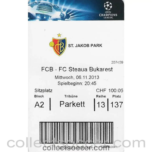 2013 - Ticket Basle v Steaua Bucharest 6/11/2013 - Collect Soccer