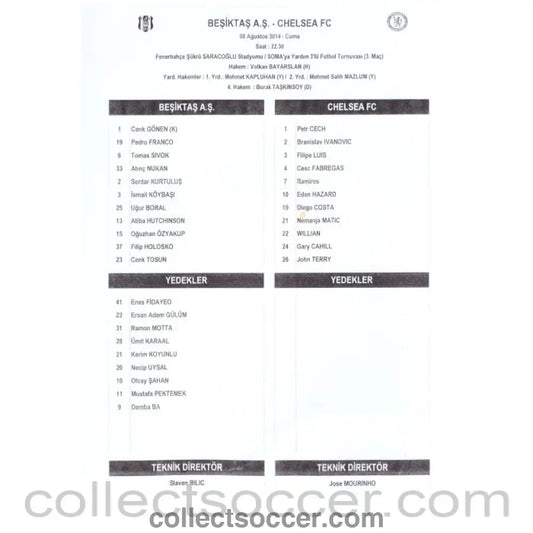 2014 - Besiktas v Chelsea Official Press Teamsheet Programme 8/8/2014 - Collect Soccer