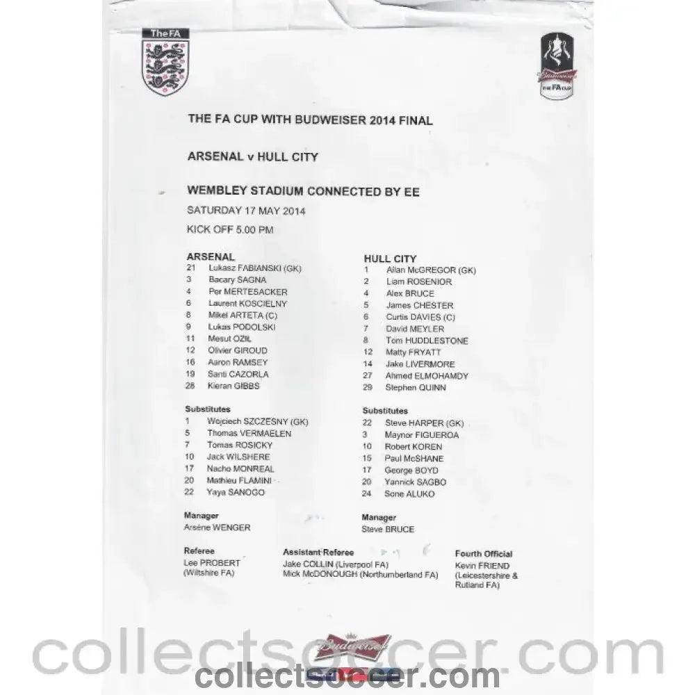 2014 FA Cup Final Official Programme Arsenal v Hull City + Rare Original Team Sheet - Collect Soccer