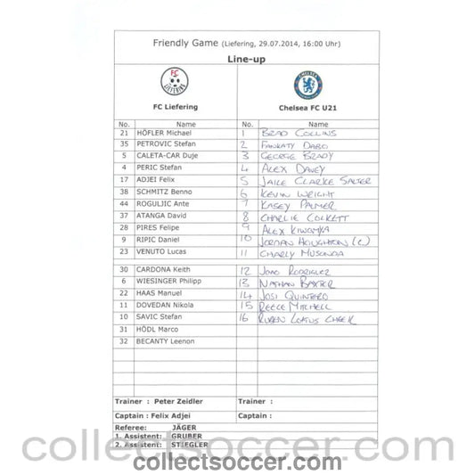2014 - FC Liefering v Chelsea U21 Official Colour Teamsheet Programme 29/07/2014 - Collect Soccer