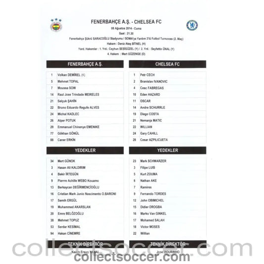 2014 - Fenerbahce v Chelsea Official Colour Teamsheet Programme 8/8/2014 - Collect Soccer