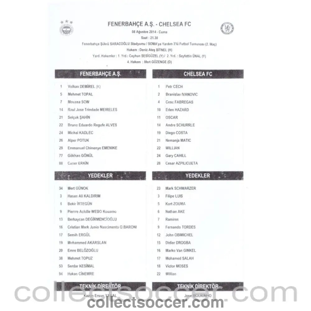 2014 - Fenerbahce v Chelsea Official Press Teamsheet Programme 8/8/2014 - Collect Soccer