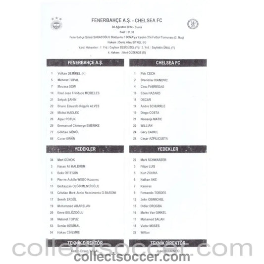 2014 - Fenerbahce v Chelsea Official Press Teamsheet Programme 8/8/2014 - Collect Soccer