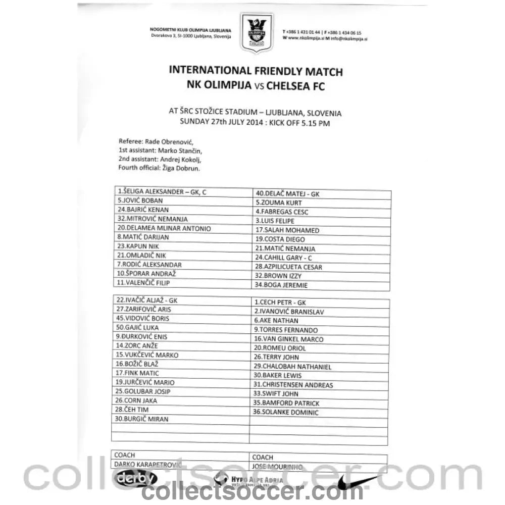 2014 - NK Olimpija v Chelsea Official Teamsheet Programme 27/07/2014 - Collect Soccer