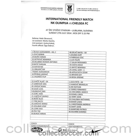 2014 - NK Olimpija v Chelsea Official Teamsheet Programme 27/07/2014 - Collect Soccer