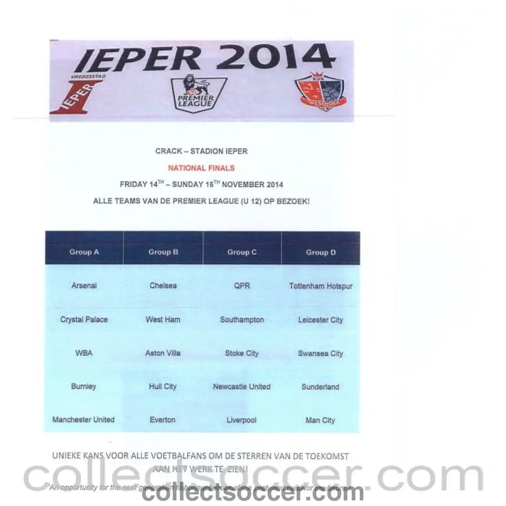 2014 Premier League Christmas Truce National Finals Programme + 4 page Issue - Collect Soccer