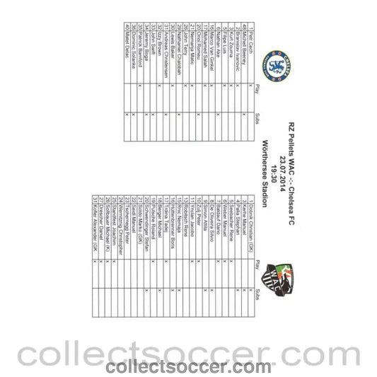 2014 - RZ Pellets WAC v Chelsea Official Teamsheet Programme 23/07/2014 - Collect Soccer