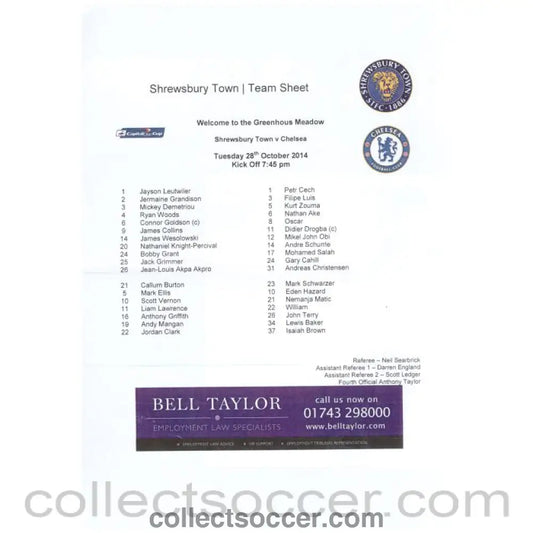 2014 - Shrewsbury Town v Chelsea Official Colour Teamsheet 28/10/14 - Collect Soccer