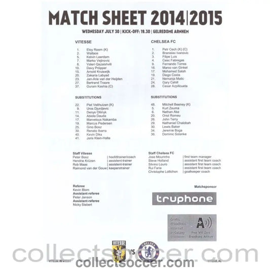 2014 - Vitesse v Chelsea Official Colour Teamsheet 30/07/2014 - Collect Soccer